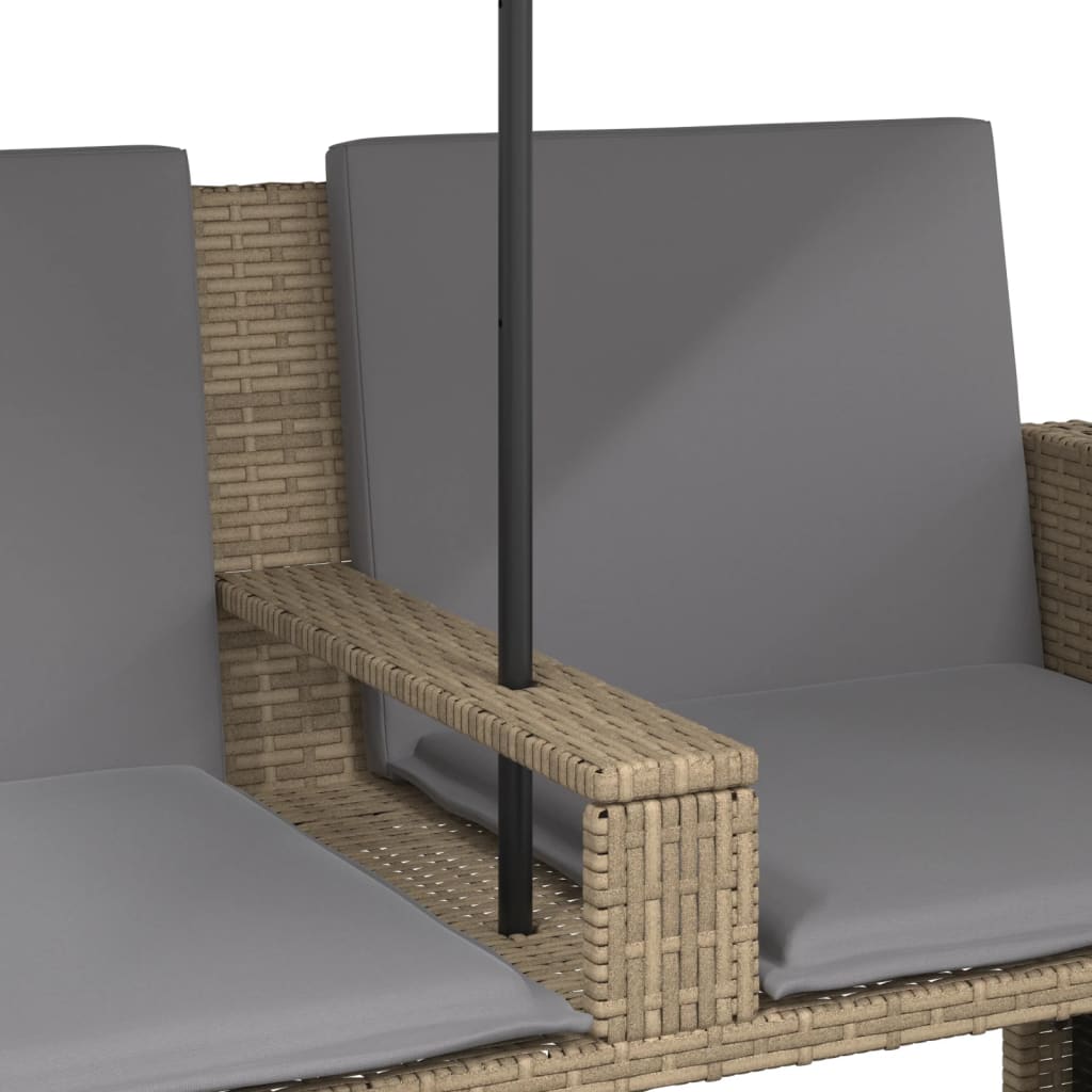 vidaXL Gartensofa 2-Sitzer Sonnenschirm und Hocker Beige Poly-Rattan