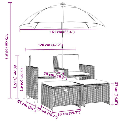 vidaXL Gartensofa 2-Sitzer Sonnenschirm und Hocker Hellgrau Polyrattan