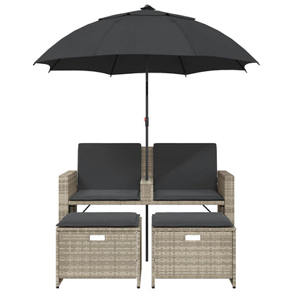 vidaXL Gartensofa 2-Sitzer Sonnenschirm und Hocker Hellgrau Polyrattan