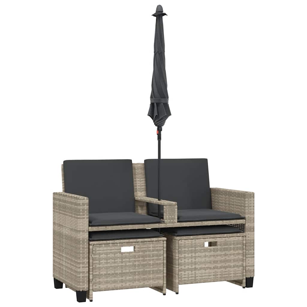 vidaXL Gartensofa 2-Sitzer Sonnenschirm und Hocker Hellgrau Polyrattan