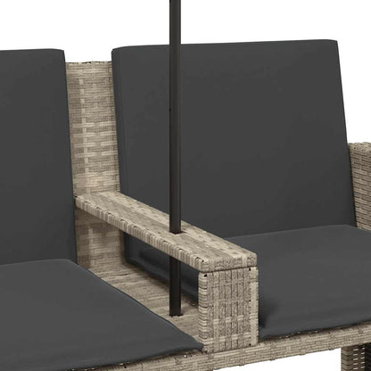 vidaXL Gartensofa 2-Sitzer Sonnenschirm und Hocker Hellgrau Polyrattan