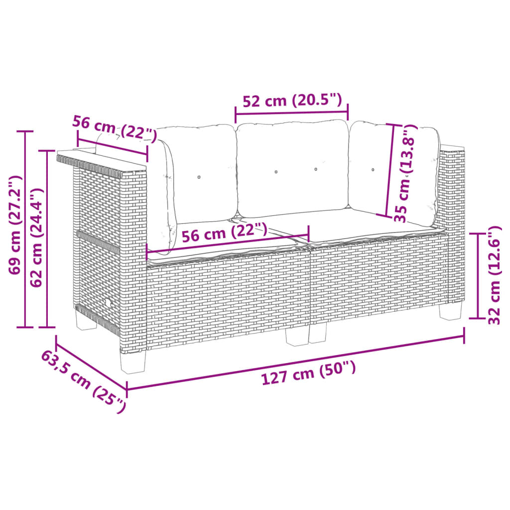 vidaXL Garten-Ecksofas mit Kissen 2 Stk. Schwarz Poly Rattan