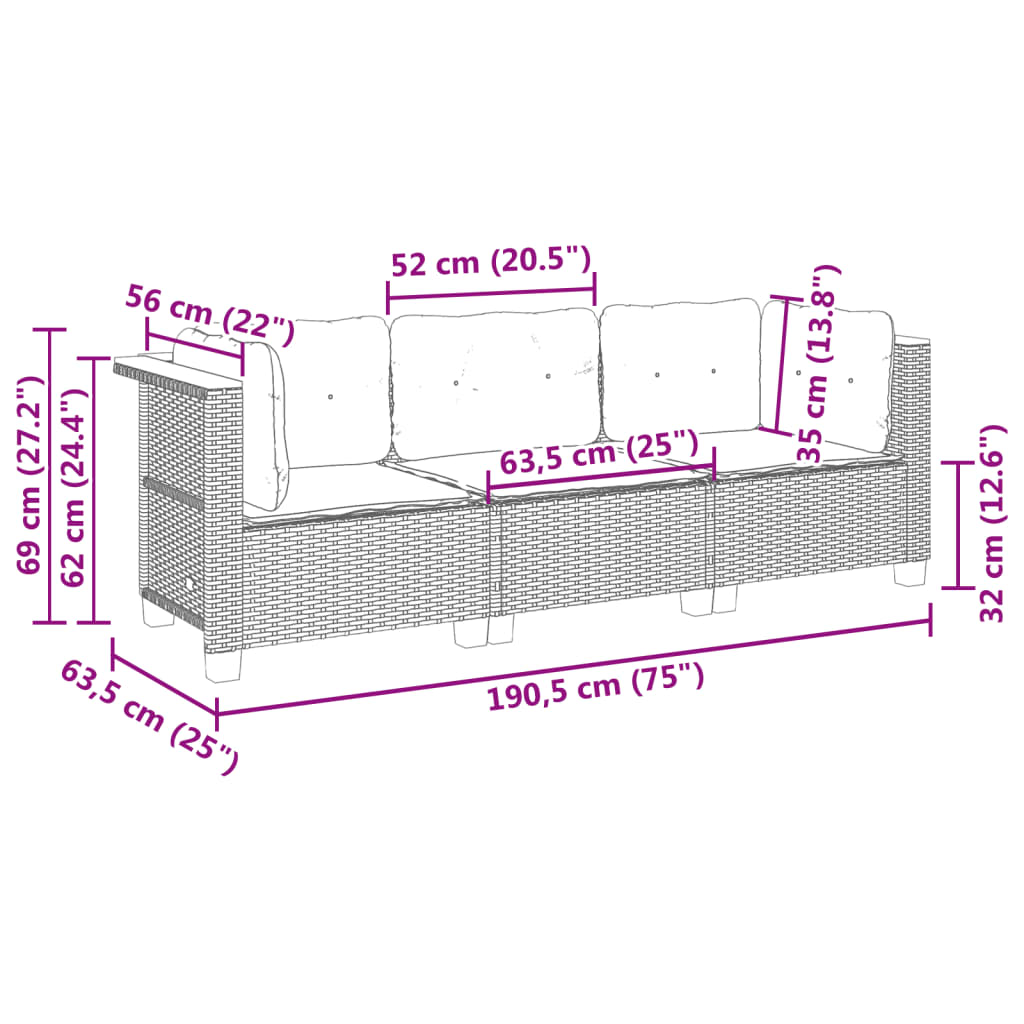 vidaXL Gartensofa mit Kissen 3-Sitzer Beige Poly Rattan