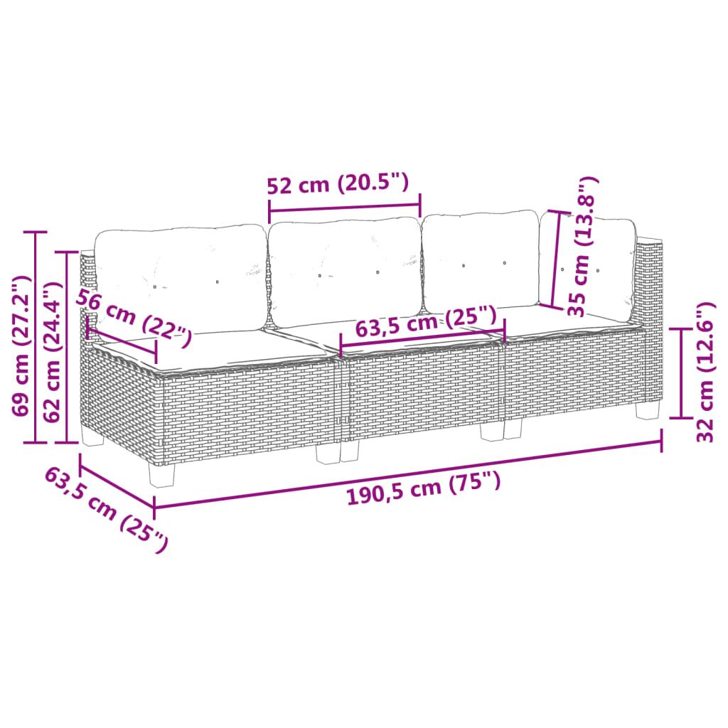 vidaXL Canapé de jardin 3 places beige en rotin synthétique avec coussins