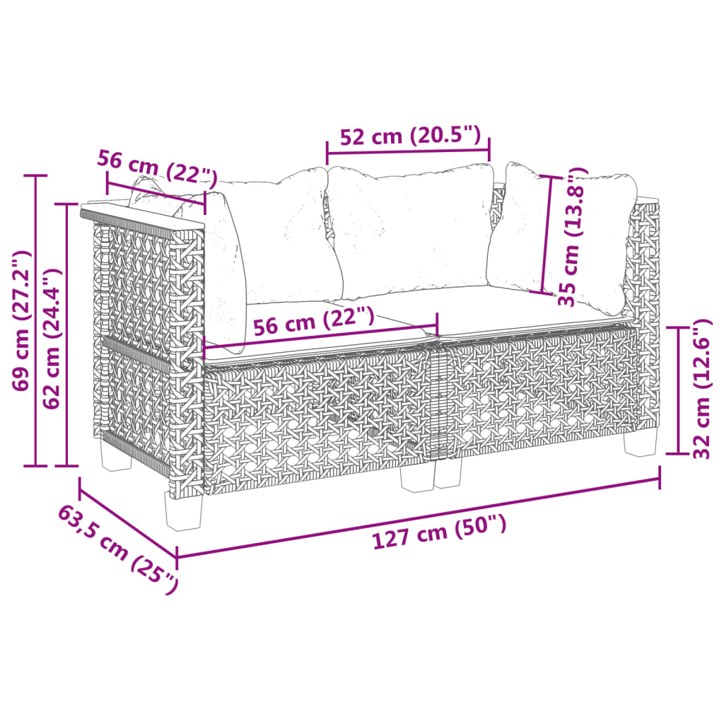 vidaXL Garten-Ecksofas mit Kissen 2 Stk. Grau Poly Rattan