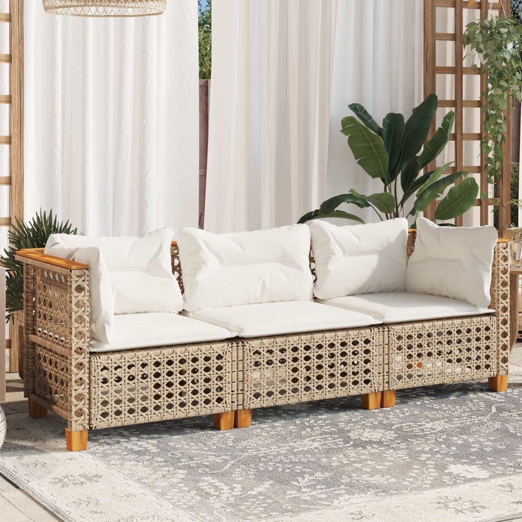 Gartensofa mit Kissen 3-Sitzer Beige Poly Rattan