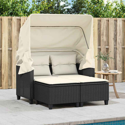 vidaXL Gartensofa 2-Sitzer mit Dach und Hockern Schwarz Poly Rattan
