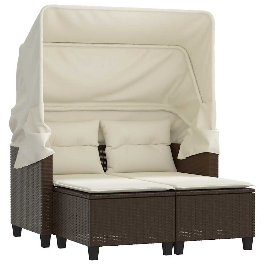 vidaXL Gartensofa 2-Sitzer mit Dach und Hockern Braun Poly Rattan