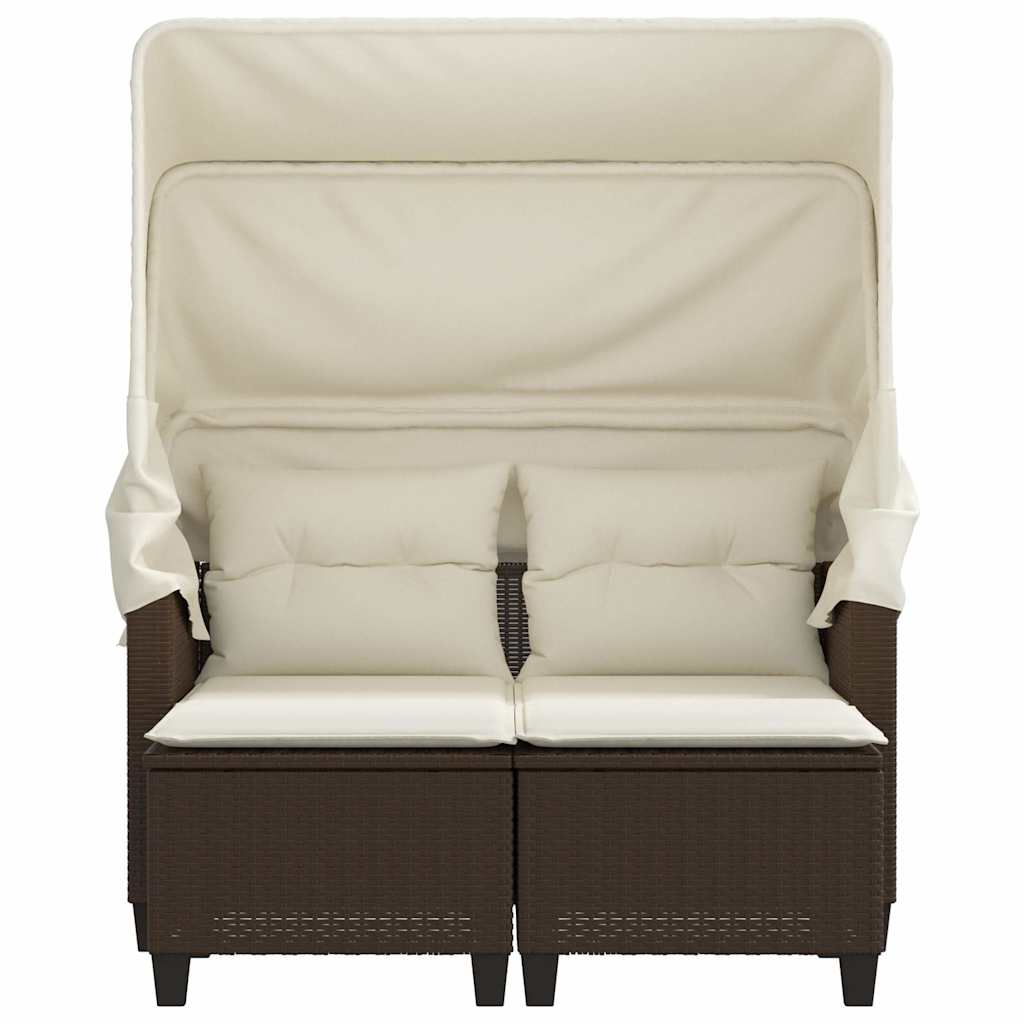 vidaXL Gartensofa 2-Sitzer mit Dach und Hockern Braun Poly Rattan