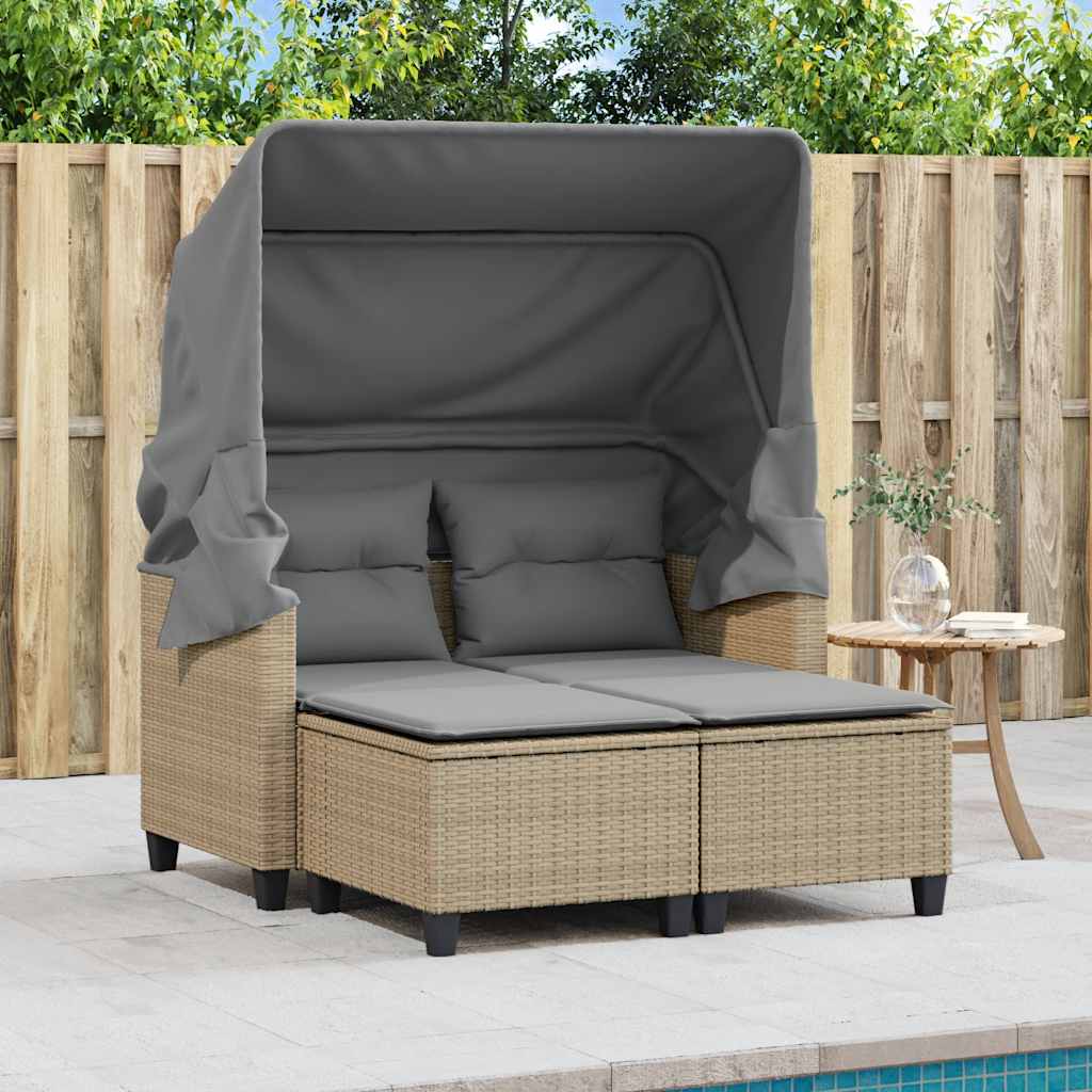 vidaXL Canapé de jardin 2 places avec toit et poufs en résine tressée beige
