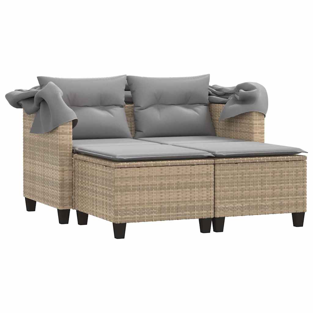vidaXL Canapé de jardin 2 places avec toit et poufs en résine tressée beige