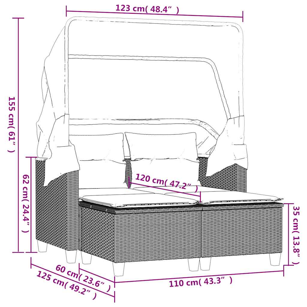 vidaXL Canapé de jardin 2 places avec toit et poufs en résine tressée beige