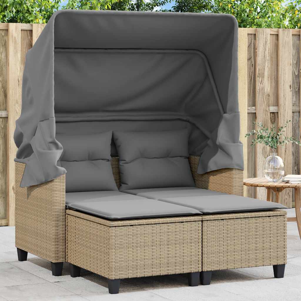 vidaXL Canapé de jardin 2 places avec toit et poufs en résine tressée beige