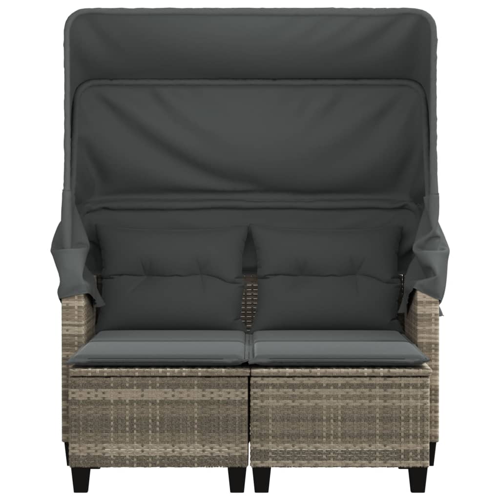 vidaXL Gartensofa 2-Sitzer mit Dach und Hockern Hellgrau Poly Rattan