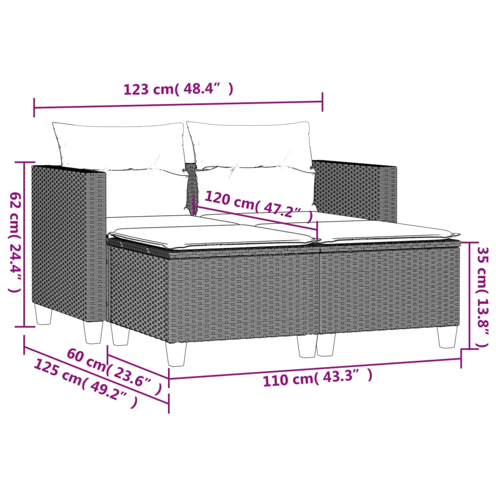 vidaXL Gartensofa 2-Sitzer mit Hockern Schwarz Poly Rattan