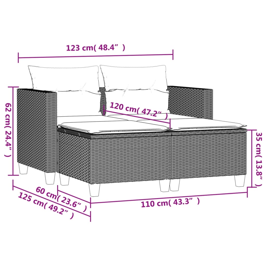 vidaXL Gartensofa 2-Sitzer mit Hockern Braun Poly Rattan
