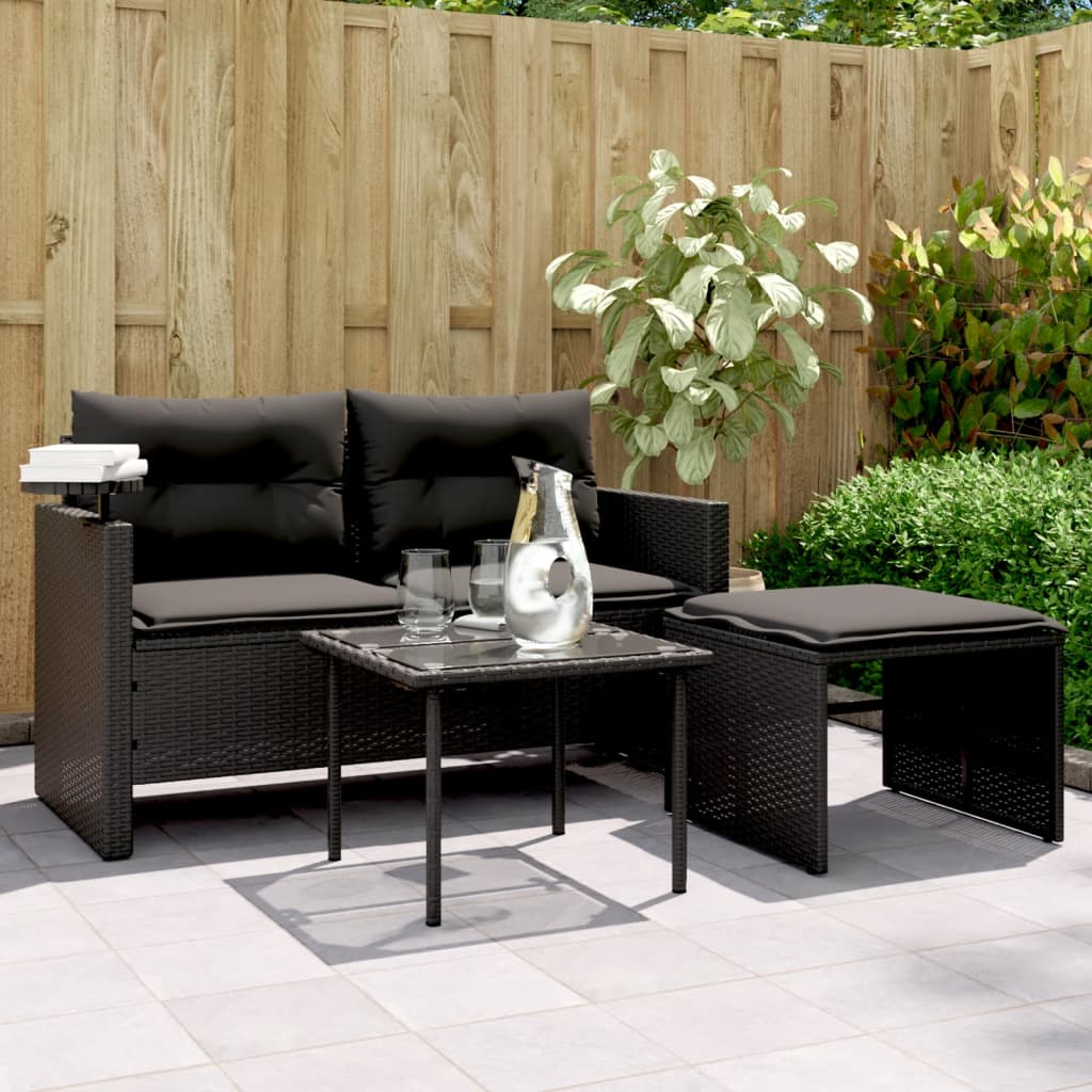 vidaXL Salon de jardin 3 pièces avec coussins Noir Résine tressée