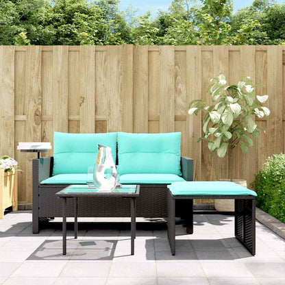3-teiliges Gartensofa-Set mit Kissen, schwarzes Polyrattan
