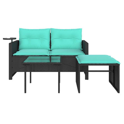 3-teiliges Gartensofa-Set mit Kissen, schwarzes Polyrattan