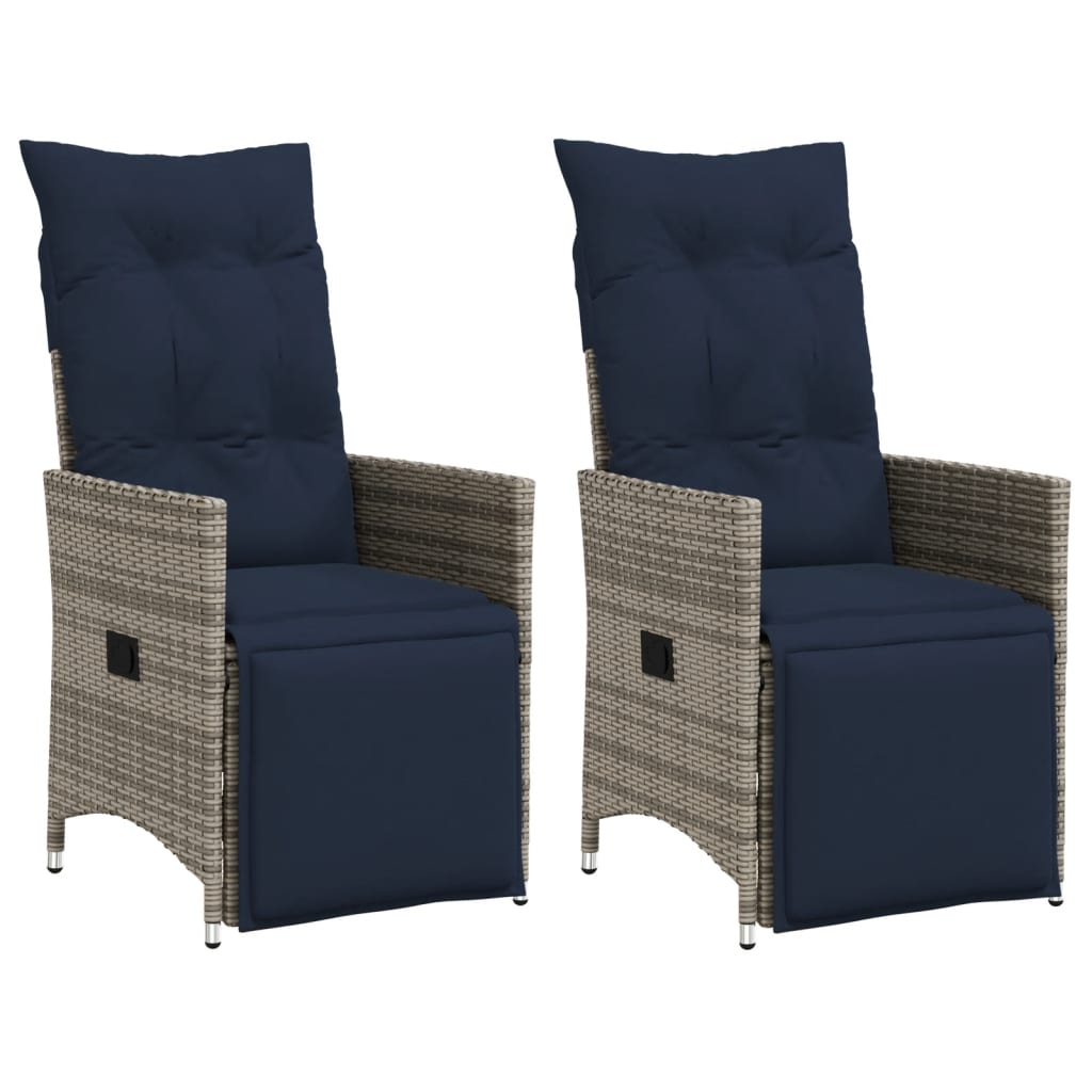 vidaXL Gartenstühle Verstellbar 2 Stk. mit Kissen Grau Poly Rattan