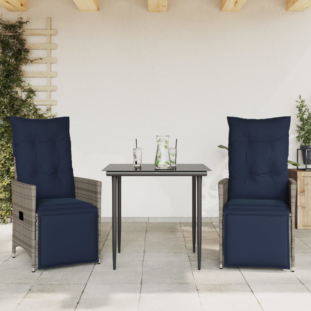 vidaXL Gartenstühle Verstellbar 2 Stk. mit Kissen Grau Poly Rattan