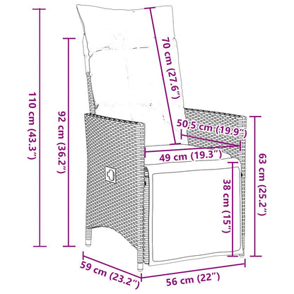 vidaXL Gartenstühle Verstellbar 2 Stk. mit Kissen Grau Poly Rattan