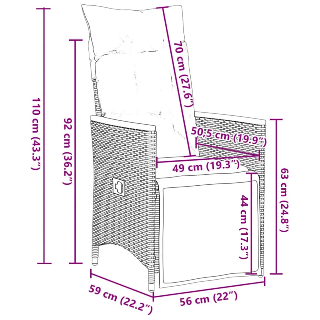 Gartensessel mit Kissen 2 Stk. Verstellbar Grau Poly Rattan