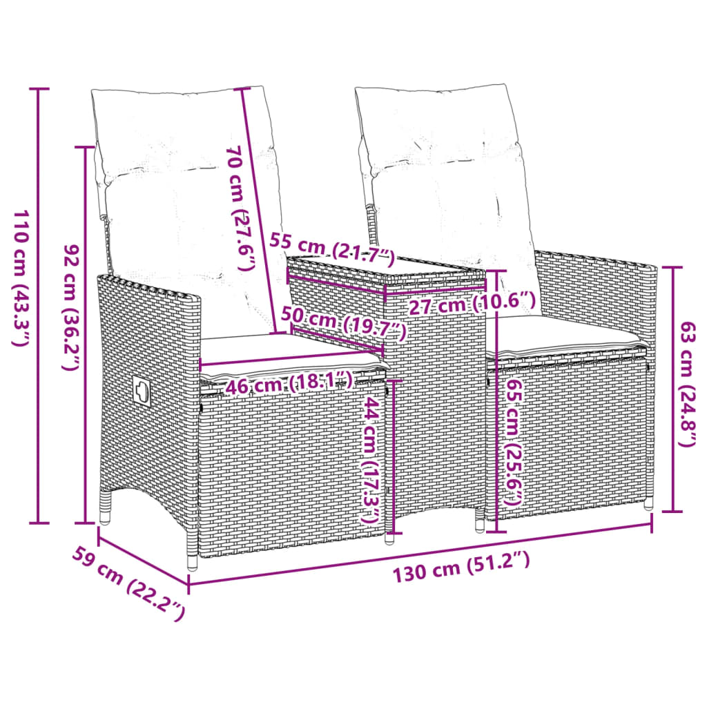 vidaXL Gartensofa 2-Sitzer Verstellbar mit Tisch Braun Poly Rattan