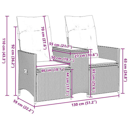 vidaXL Gartensofa Verstellbar 2-Sitzer mit Tisch Grau Poly Rattan
