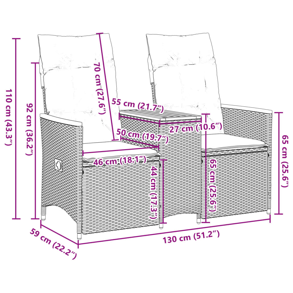 vidaXL Canapé de jardin 2 places réglable avec table Gris résine tressée