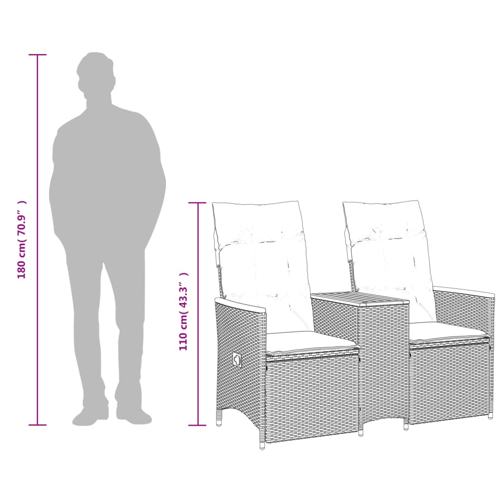 vidaXL Canapé de jardin 2 places réglable avec table Gris résine tressée