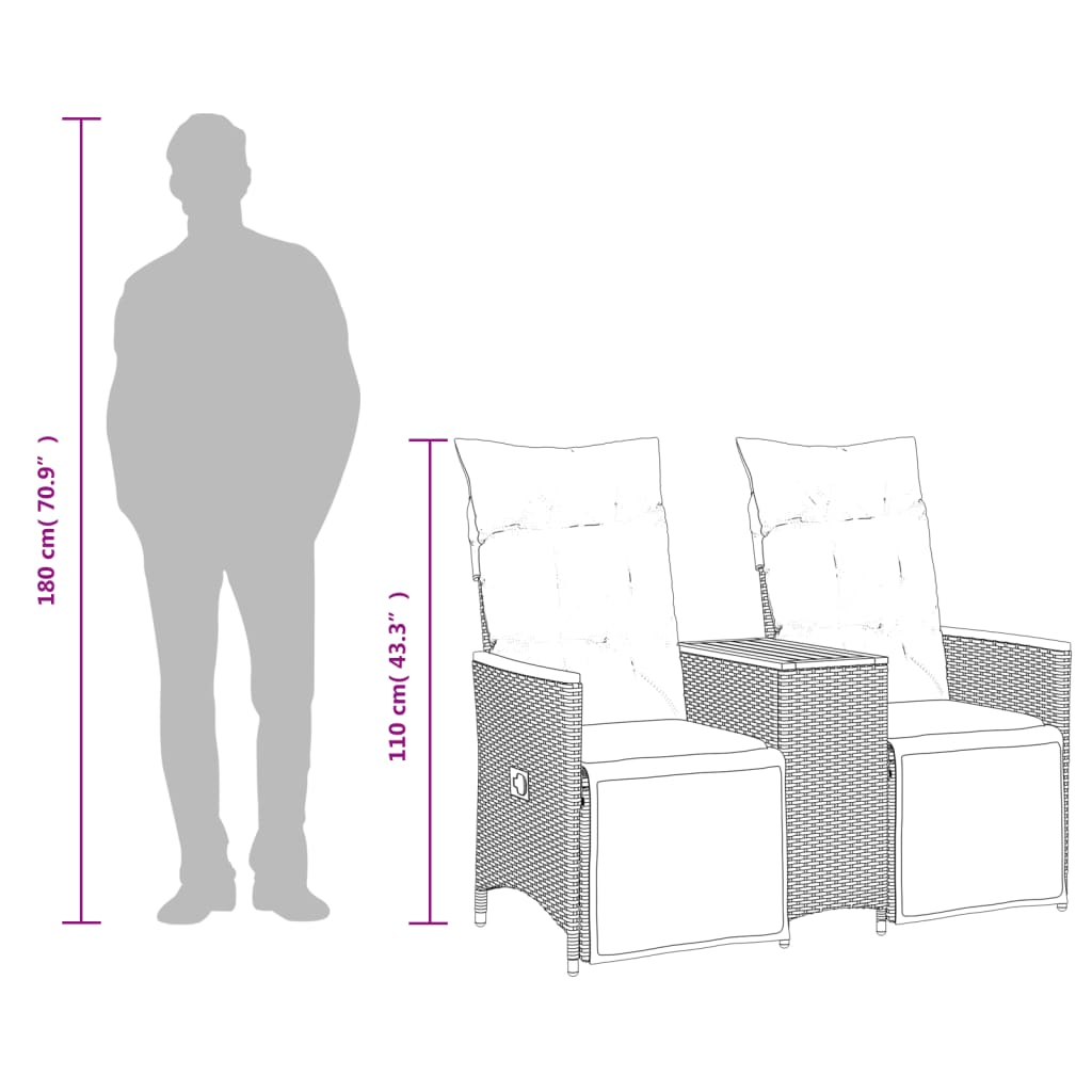 vidaXL Canapé de jardin 2 places réglable avec table Noir Résine tressée