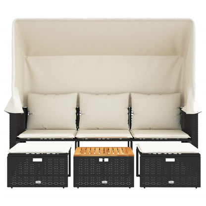 vidaXL Outdoor-Sofa 3-Sitzer mit Dach und Hockern Schwarz Poly-Rattan