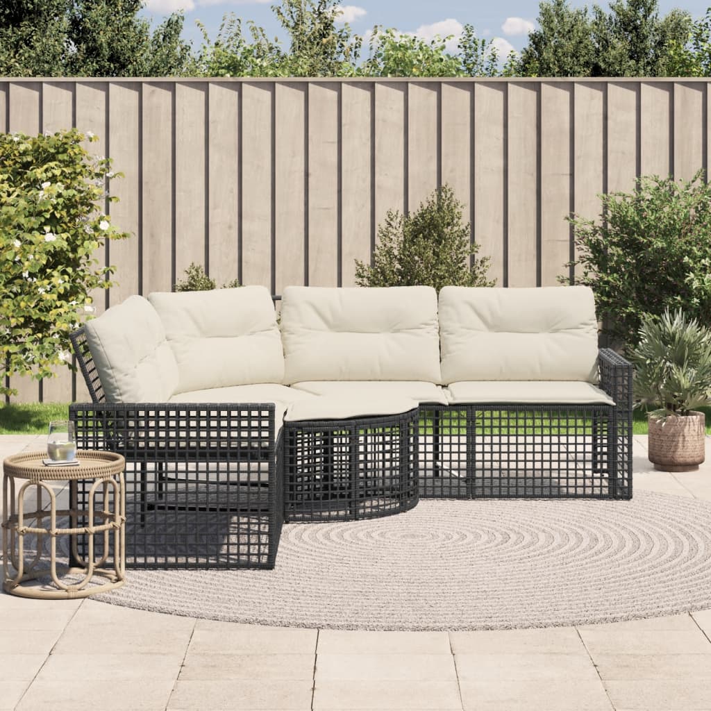 vidaXL Canapé de jardin en L avec coussins et pouf Noir Résine tressée
