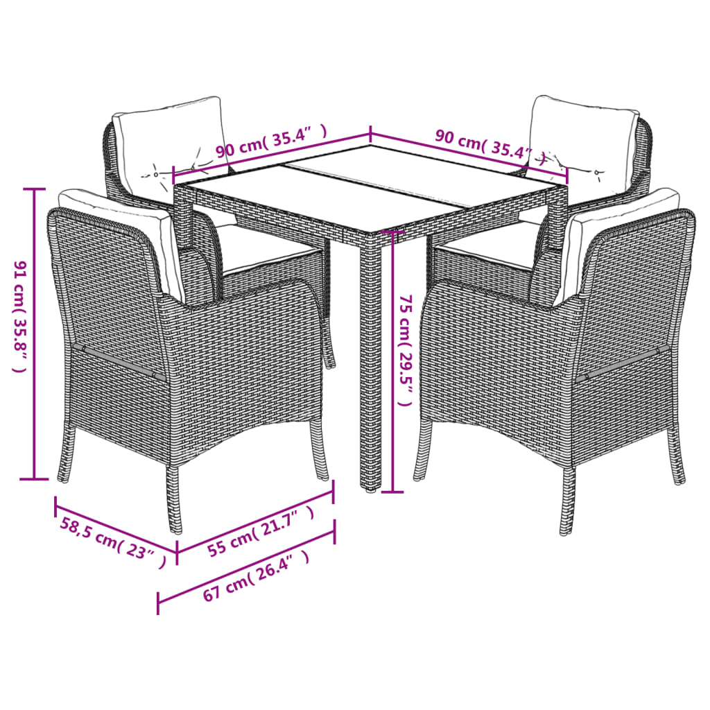 vidaXL 5-tlg. Garten-Essgruppe mit Kissen Schwarz Poly Rattan