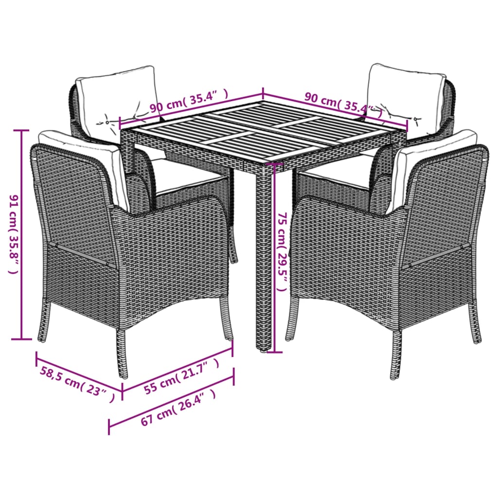 vidaXL 5-tlg. Garten-Essgruppe mit Kissen Schwarz Poly Rattan