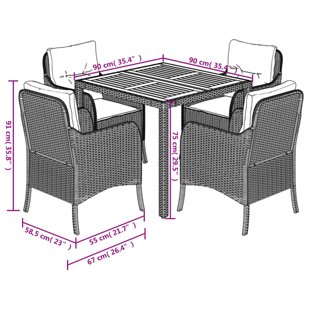 vidaXL 5-tlg. Garten-Essgruppe mit Kissen Grau Poly Rattan