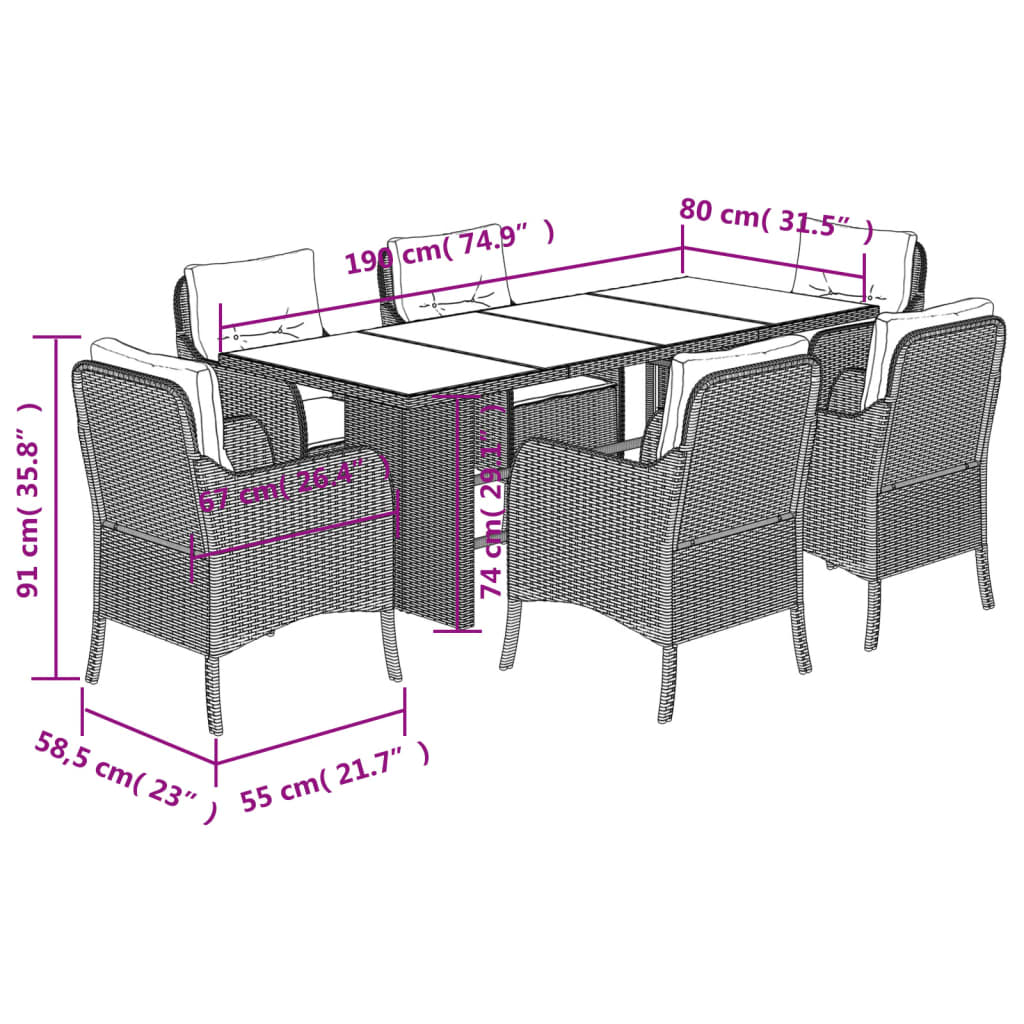 vidaXL 7-tlg. Garten-Essgruppe mit Kissen Schwarz Poly Rattan