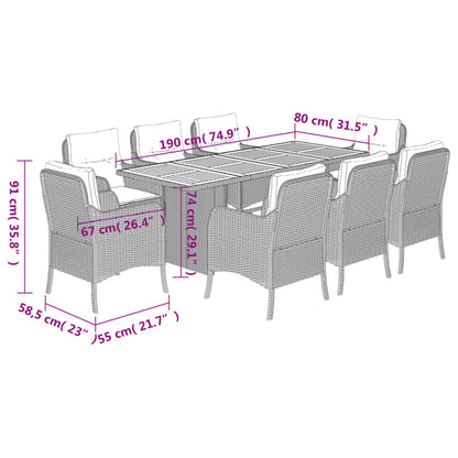 vidaXL 9-tlg. Garten-Essgruppe mit Kissen Schwarz Poly Rattan
