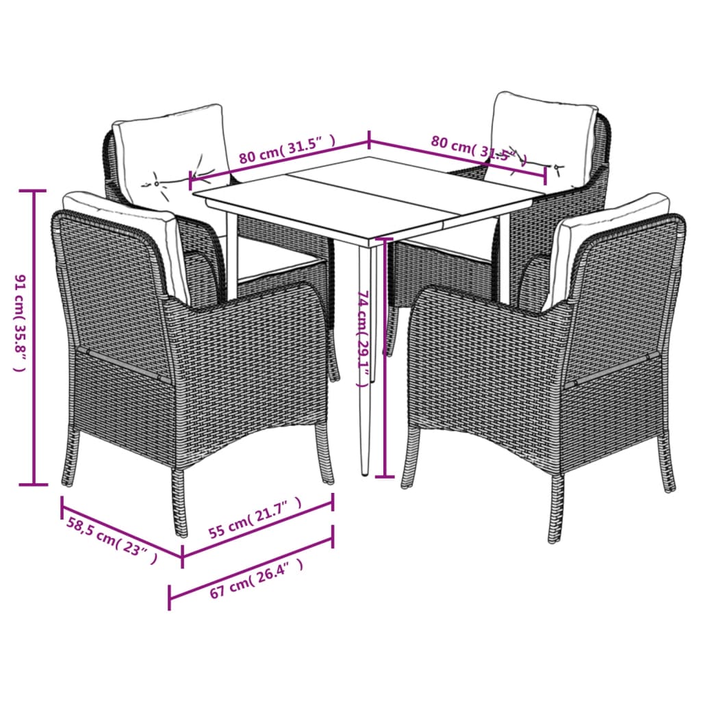vidaXL 5-tlg. Garten-Essgruppe mit Kissen Schwarz Poly Rattan