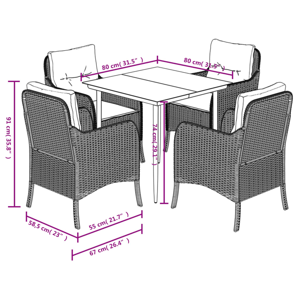 vidaXL 5-tlg. Garten-Essgruppe mit Kissen Schwarz Poly Rattan