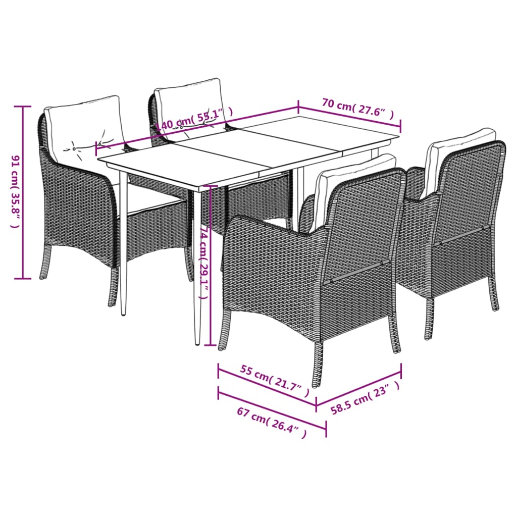 vidaXL 5-tlg. Garten-Essgruppe mit Kissen Grau Poly Rattan