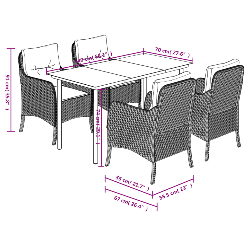 vidaXL 5-tlg. Garten-Essgruppe mit Kissen Grau Poly Rattan