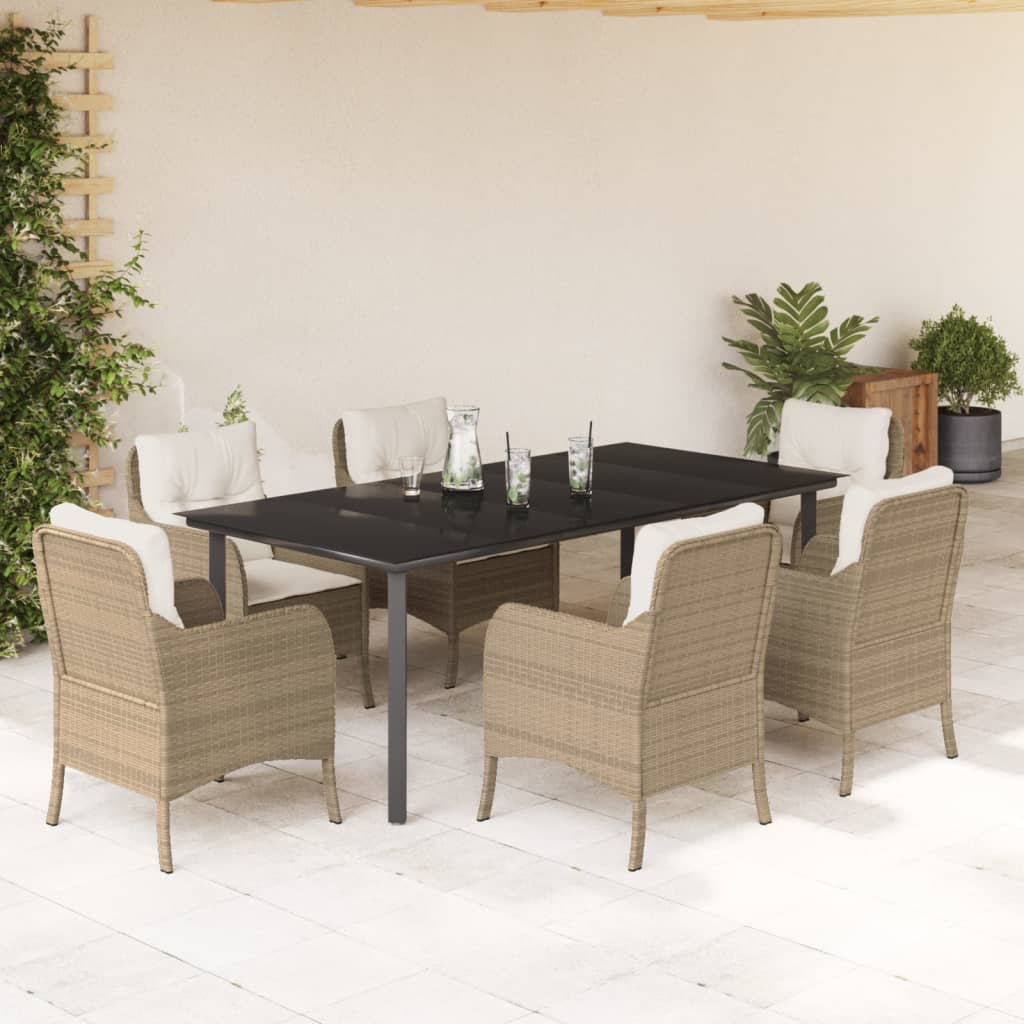 7-tlg. Garten-Essgruppe mit Kissen Beige Poly Rattan