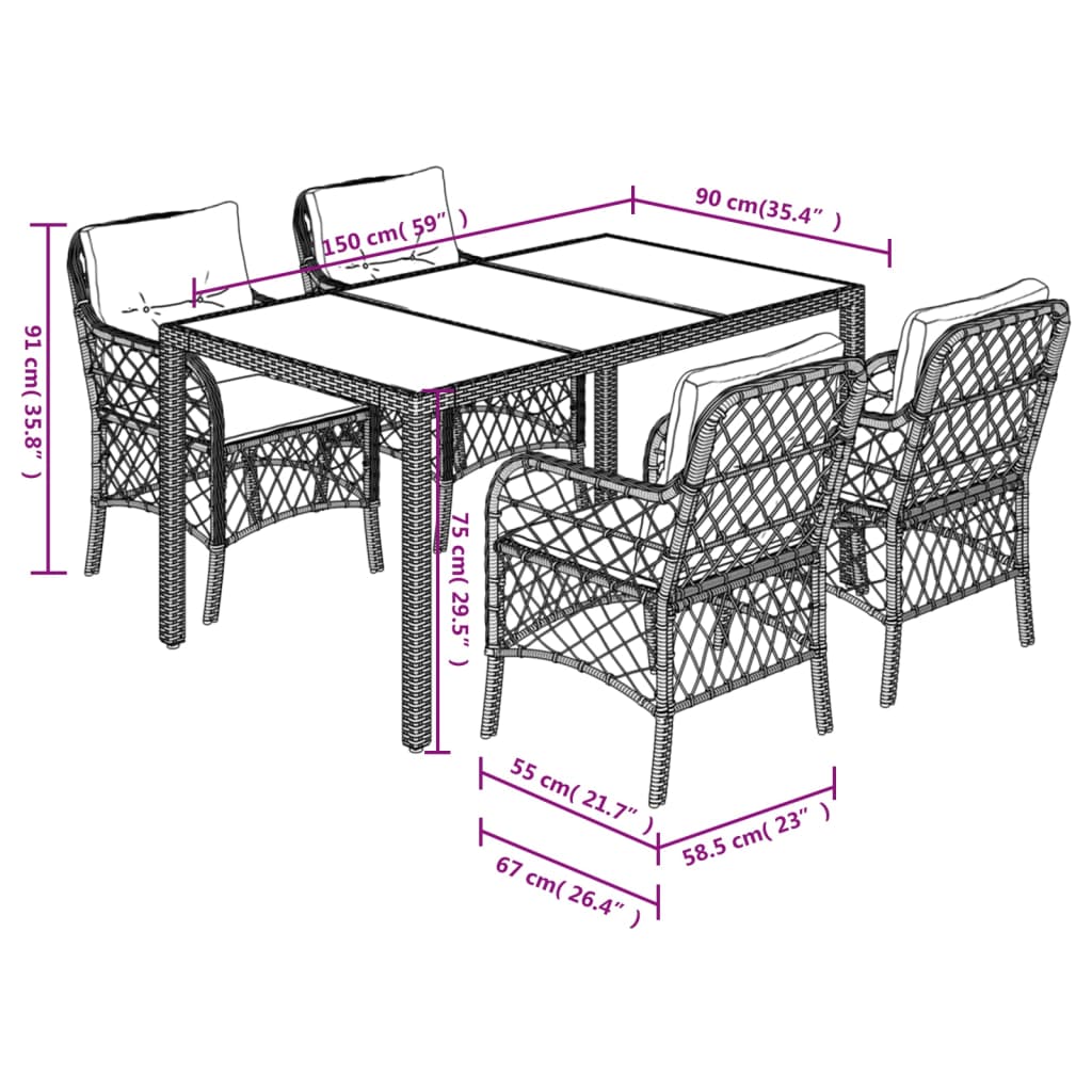 vidaXL 5-tlg. Garten-Essgruppe mit Kissen Schwarz Poly Rattan