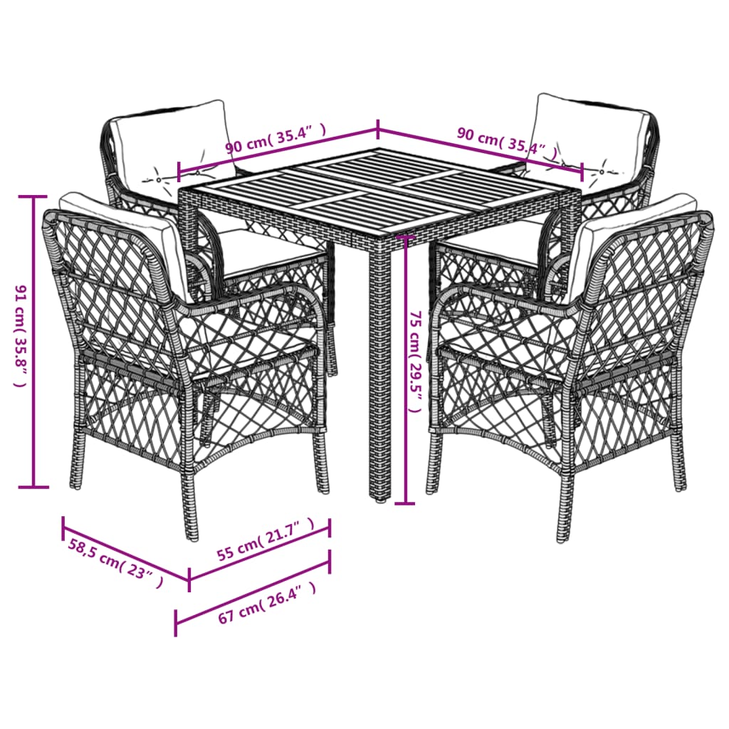 vidaXL 5-tlg. Garten-Essgruppe mit Kissen Schwarz Poly Rattan