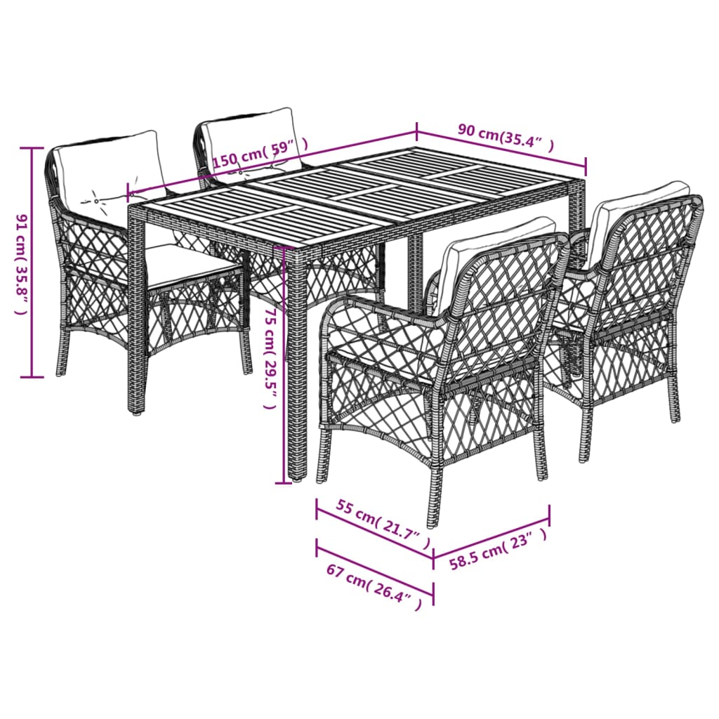vidaXL 5-tlg. Garten-Essgruppe mit Kissen Schwarz Poly Rattan