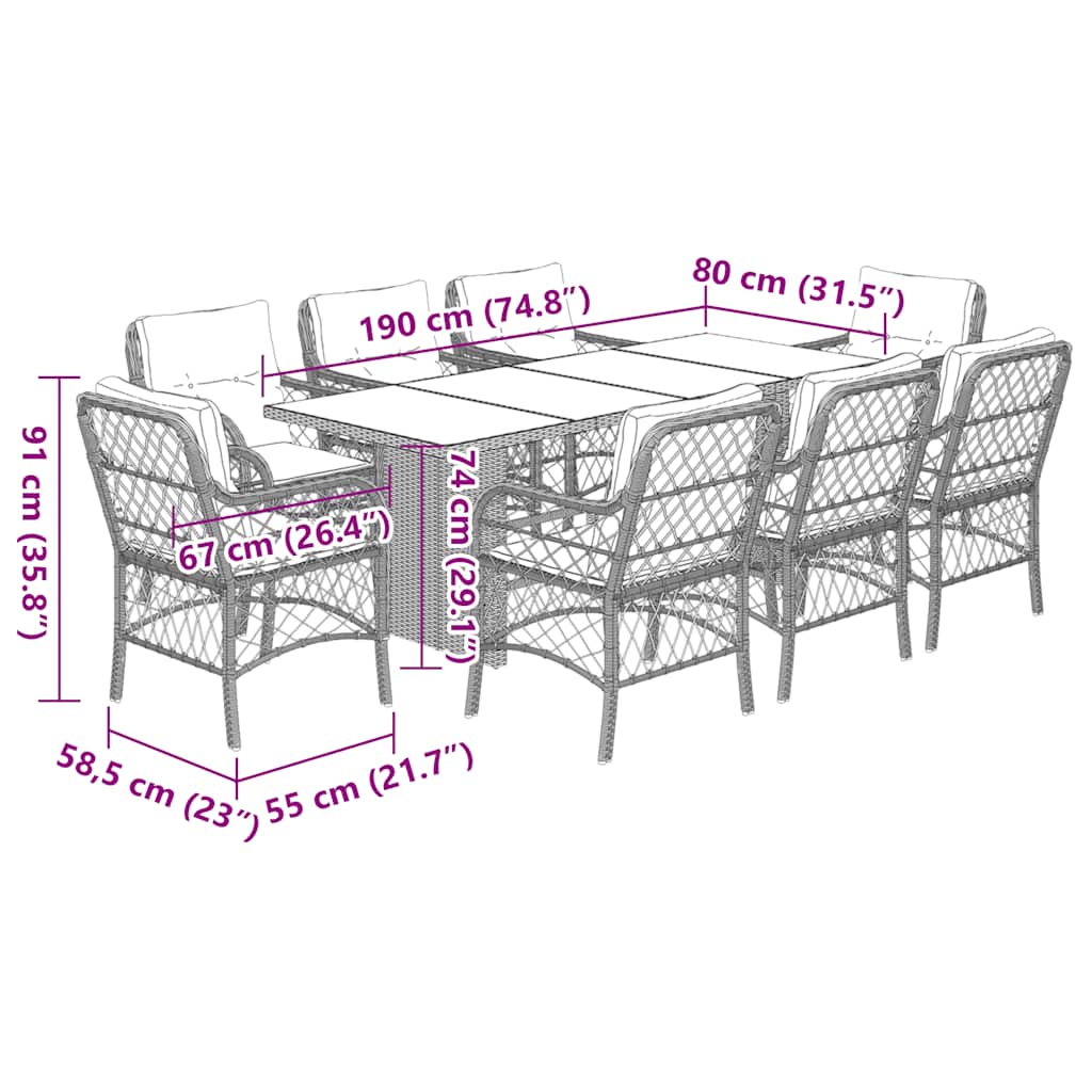 vidaXL 9-tlg. Garten-Essgruppe mit Kissen Schwarz Poly Rattan