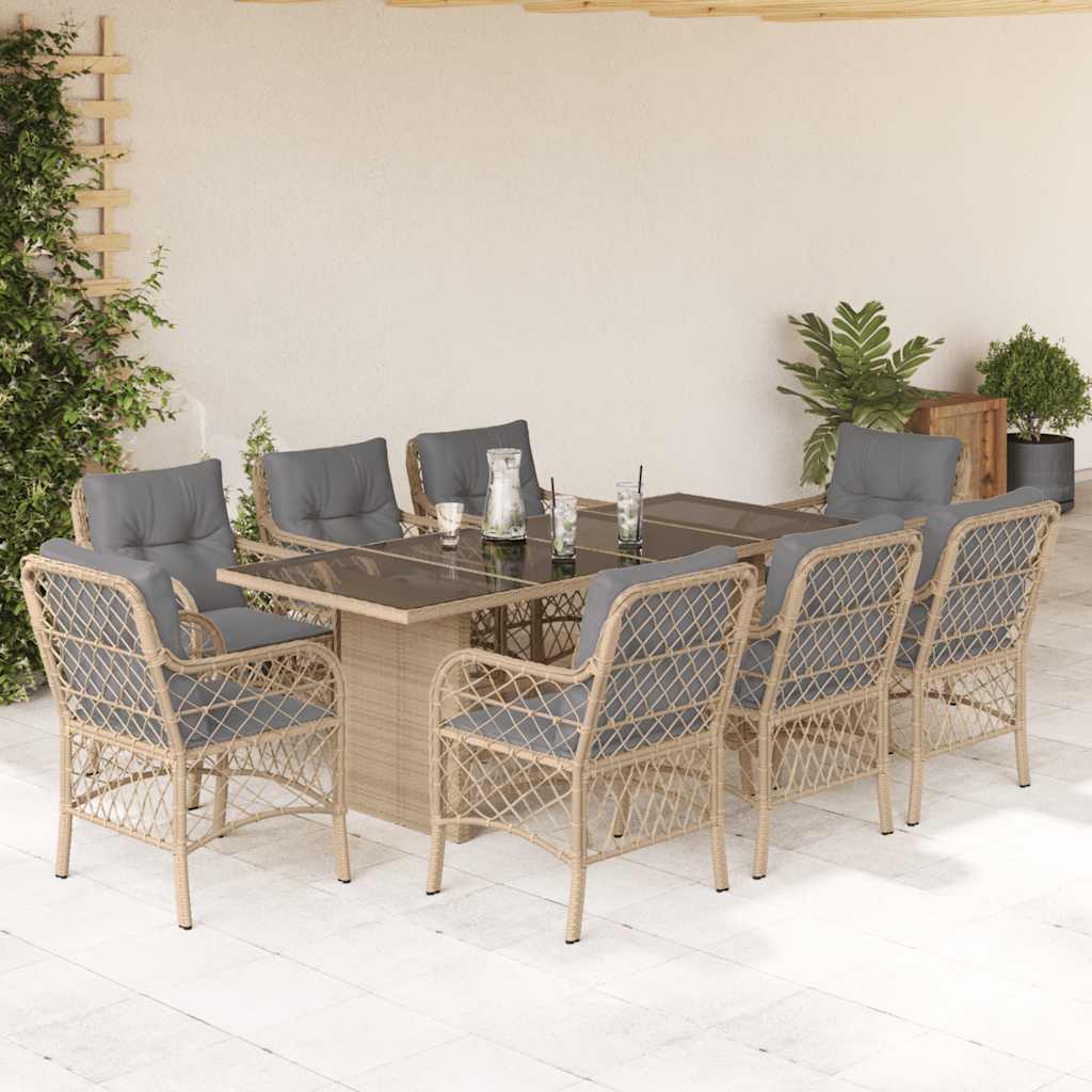 9-tlg. Garten-Essgruppe mit Kissen Beigemischung Poly Rattan