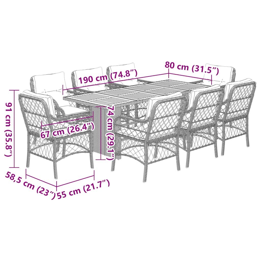 vidaXL 9-tlg. Garten-Essgruppe mit Kissen Grau Poly Rattan